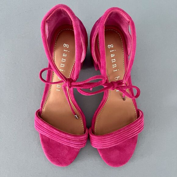 Gianni Bini Rhiaann Ankle Tie Pink Fuchsia Suede Block Heel Sandals - Picture 7 of 8